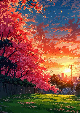 Anime Sunset Landscape with Cherry Blossoms