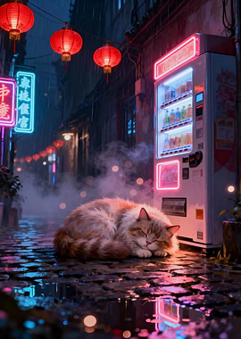 Sleeping Cat in Rainy Asian Street