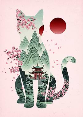 Japanese Cat Landscape Art