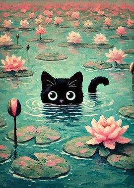 Black Cat in Lily Pond