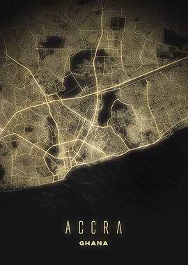 Accra, Ghana - Glowing Night City Streets Map