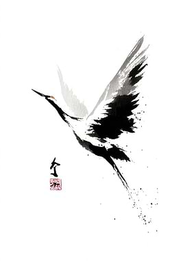 Crane in Flight Ink Painting