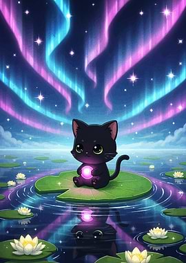 Black Cat on Lily Pad