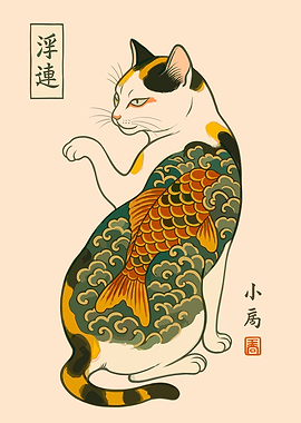 Cat with Koi Fish Tattoo Art