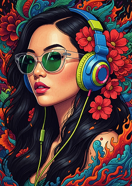 Woman with Headphones and Floral Background