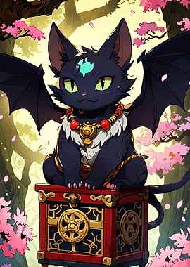 Winged Black Cat on Treasure Chest