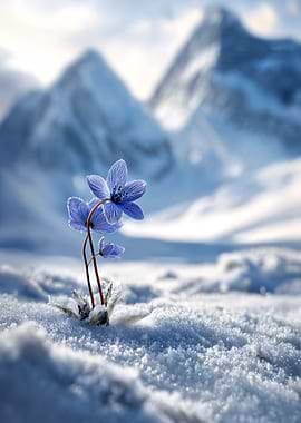 Blue Flowers in Snowy Mountain Landscape