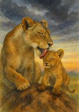 Lioness and Cub Watercolor Painting