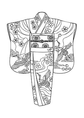 Kimono Outline with Cranes and Flowers