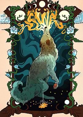 Howling Wolf Framed by Roses and Moon