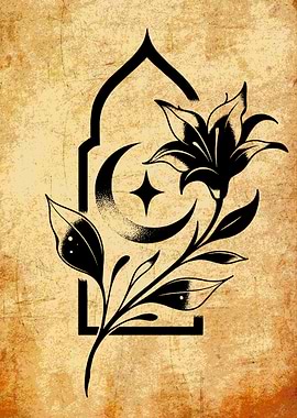 Floral Crescent Moon and Star Design