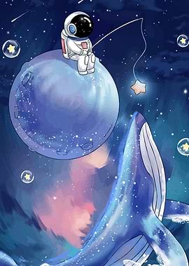 Astronaut Fishing Star Moon Whale