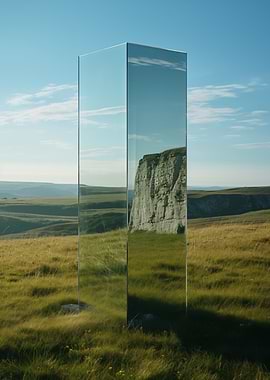 Mirror Monolith in Grassy Landscape