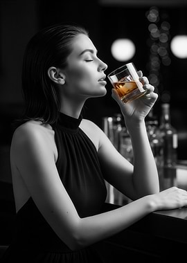 Woman Drinking Whiskey at a Bar