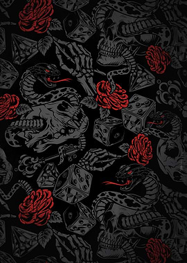 Skull, Snake, Rose, and Dice Pattern