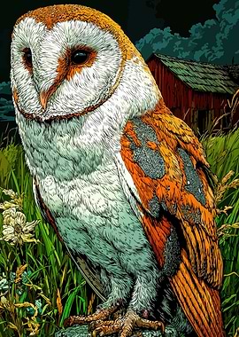 Barn Owl Illustration with Rural Backdrop