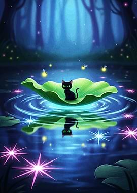 Black cat on a lily pad