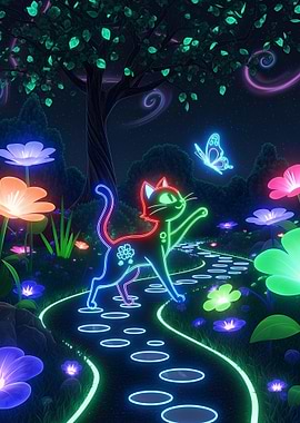 Neon Cat in Enchanted Garden