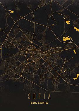 Sofia, Bulgaria - Elegant Gold City Map Print
