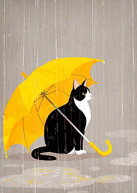 Cat under yellow umbrella in rain