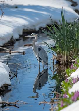 Great Blue Heron in Winter Stream
