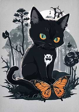Black Cat and Butterfly Illustration