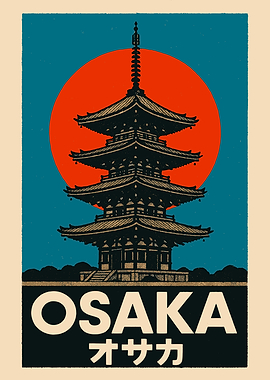 Osaka Japan Pagoda Travel Poster Art