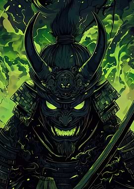 Demon Samurai with Glowing Green Eyes
