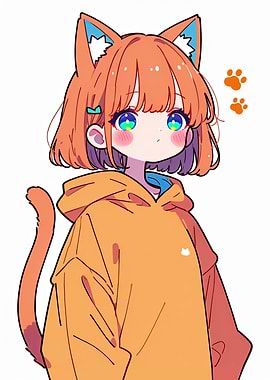 Anime Girl with Cat Ears and Tail