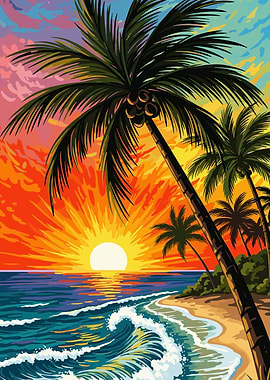 Tropical Beach Sunset with Palm Trees
