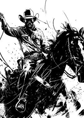 Cowboy on Horseback Black and White