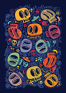 Colorful Sugar Skulls Doodle Art