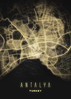 Antalya, Turkey - Glowing Mediterranean City Map Print