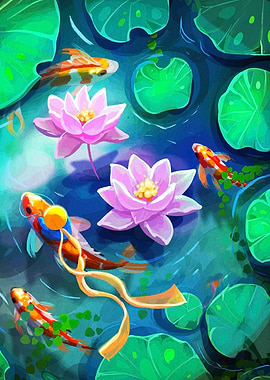 Koi Fish and Lotus Pond Art