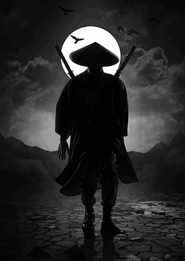 Monochrome Samurai Silhouette Under Full Moon