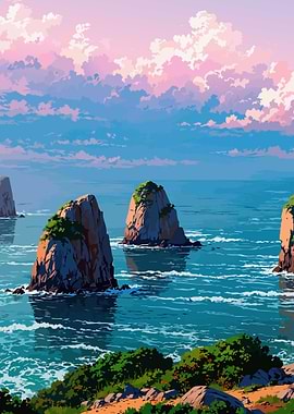 Coastal Rocks and Pink Sky