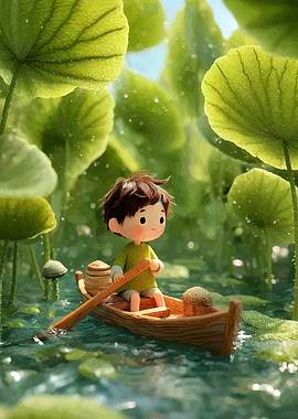 Boy Rowing Boat Lily Pond