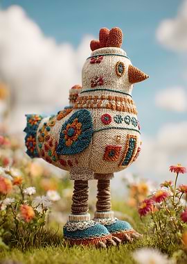 Decorative Knitted Chicken in a Meadow