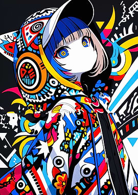 Colorful Anime Girl with Patterned Hoodie