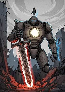 Robot Warrior with Sword in Ruins