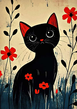 Black Cat with Red Flowers