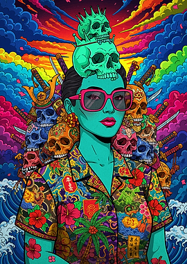 Skull Crowned Woman with Swords