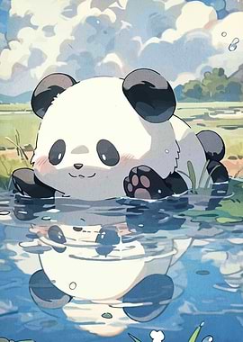 Cute Panda in Water Reflection