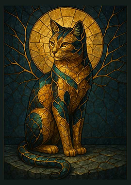 Golden Stained Glass Cat | Kintsugi-Inspired Feline Art | Symbol of Strength & Elegance