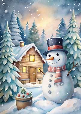Watercolor Snowman Winter Cabin Scene