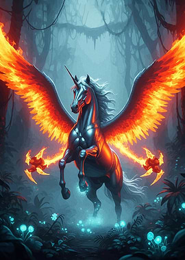 Fiery Winged Unicorn Enchanted Forest