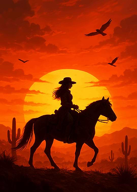 Cowgirl Silhouette at Sunset