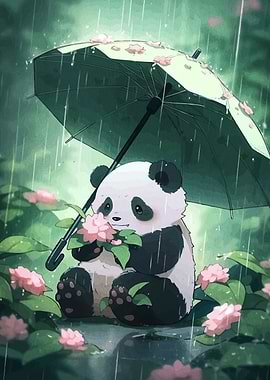 Panda with Umbrella in the Rain