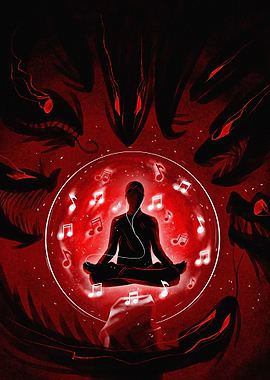 Meditating Person Surrounded by Dark Figures