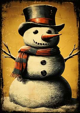 Vintage Snowman – Retro Christmas Illustration in Golden Tone
